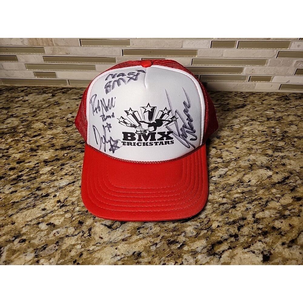 Rare Vintage Red & White Meshback BMX Trickstars Snapback Hat Autographed Auto